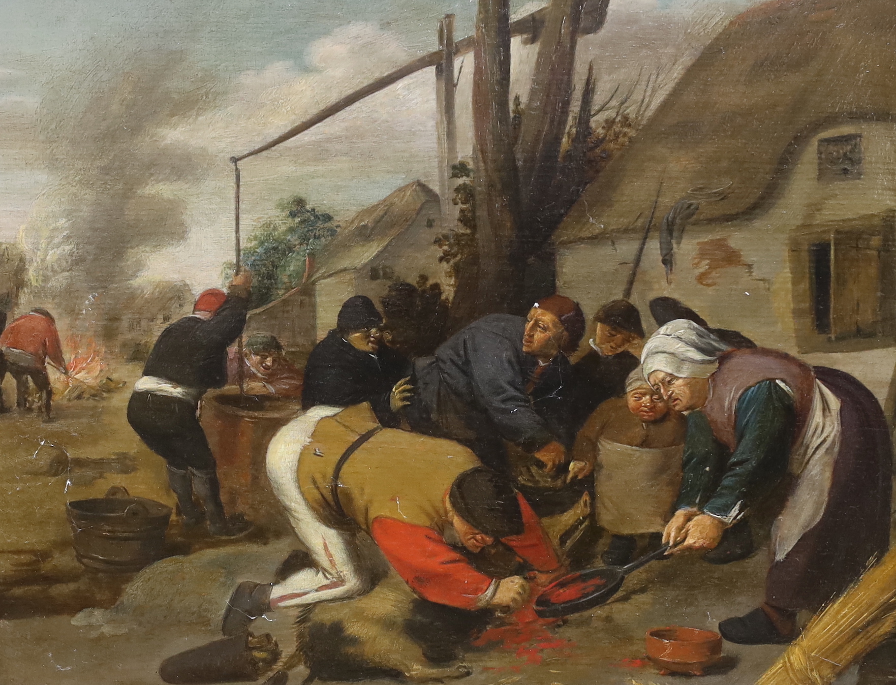 Flemish School, oil on panel, Slaughtering a pig, in ornate gilt frame, 26 x 33cm